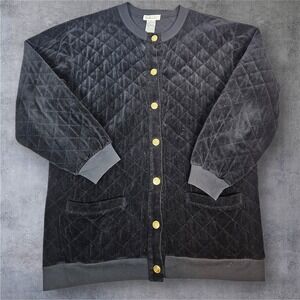 Vintage Talbots Quilted Velvet Jacket Black Gold Buttons Women's Medium